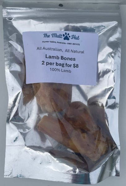 Package of lamb bones with a label indicating it's from 'The Mutt Hut' and contains 2 per bag for $8.